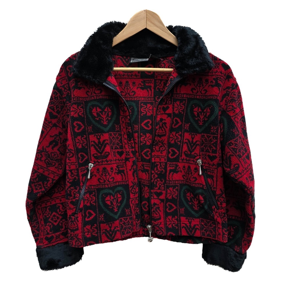Vtg Y2K Obermeyer Fleece Jacket Girls L 14-16 Nordic Ski Hearts Fur Trim Cozy